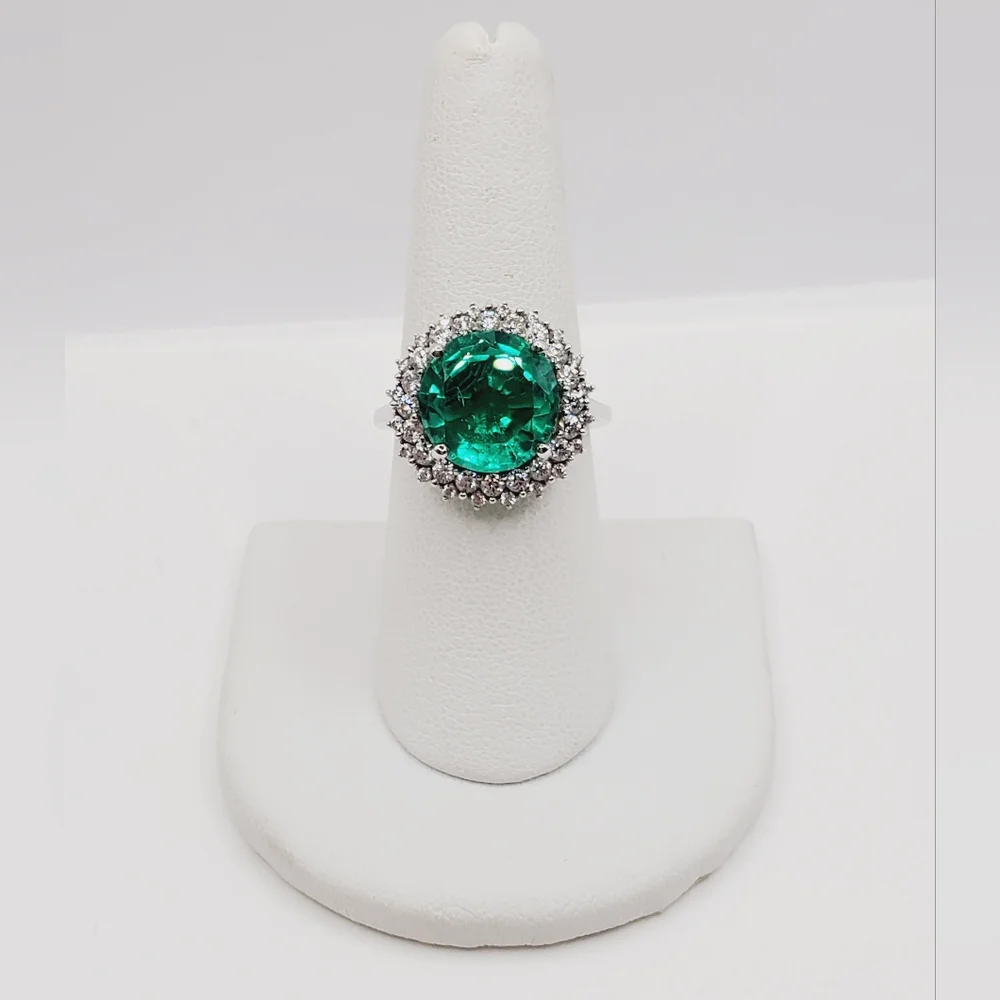 Emerald Green Quartz & White Zircon Halo Ring Platinum - 925 Sterling Silver